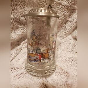 Vintage German Beer Stein Clear Glass w/ Pewter Lid Mallard Duck Painting